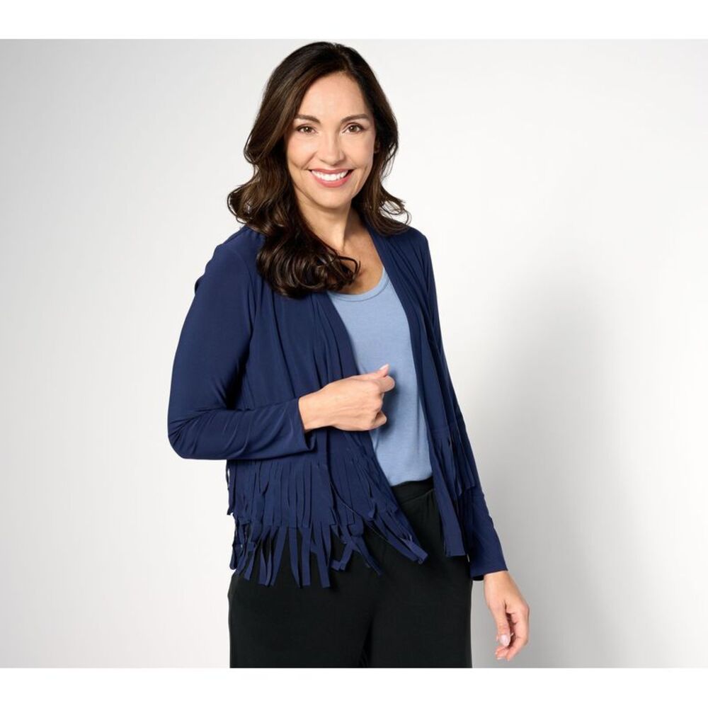 Women Control Women's Top Sweater Sz L Como Jersey Knit Fringe Blue A659875